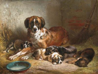 Benno Adam Bernese Mountain Dog and Her Pups Germany oil painting art